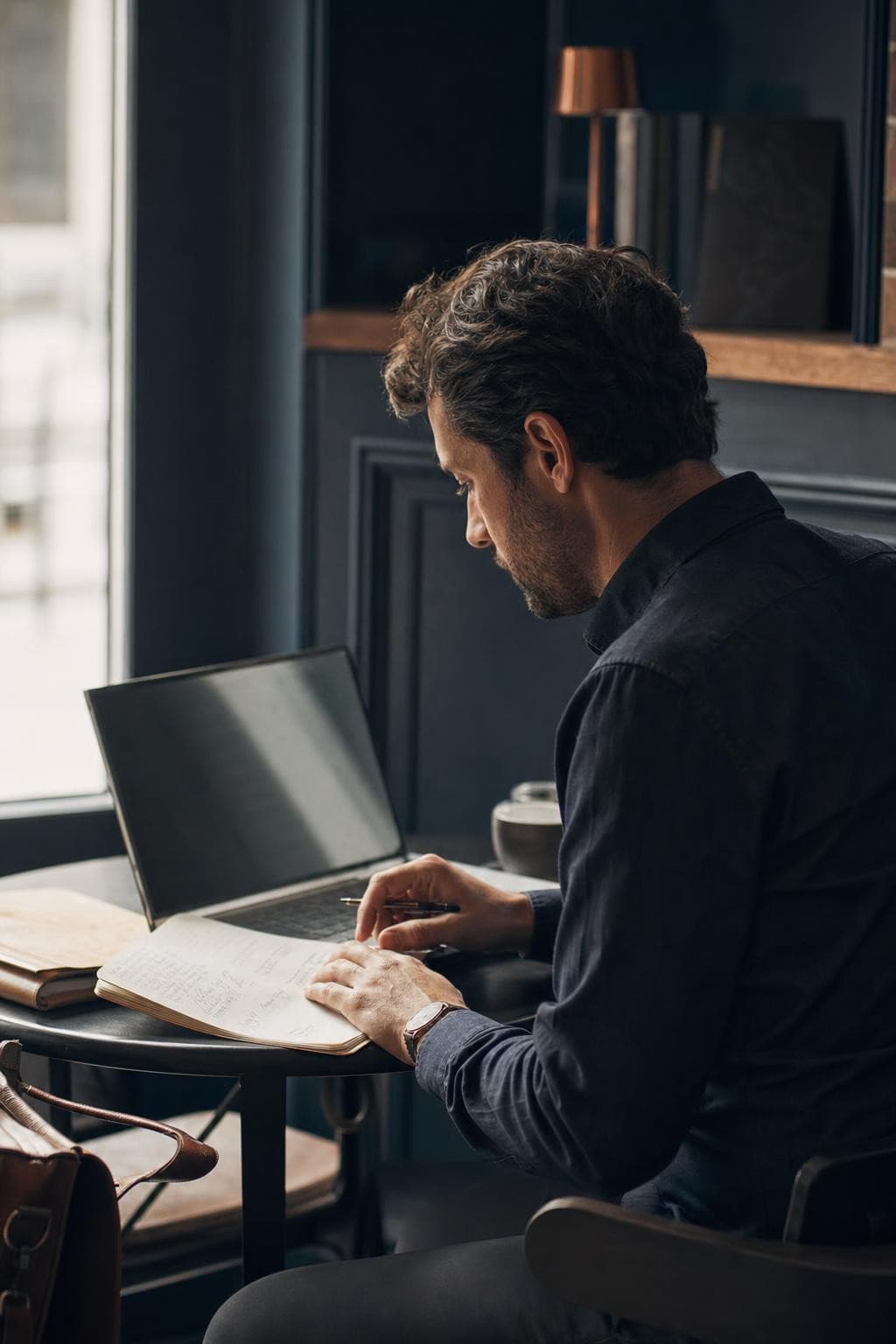 Indépendant B2B prenant des notes pendant une conversation de travail.