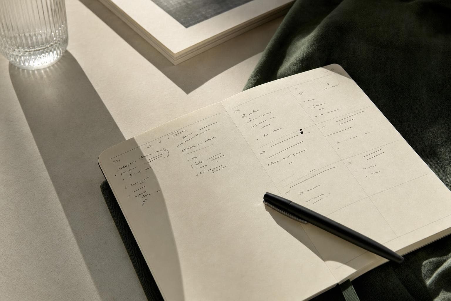 Carnet de planification hebdomadaire sur un bureau, avec un stylo noir.
