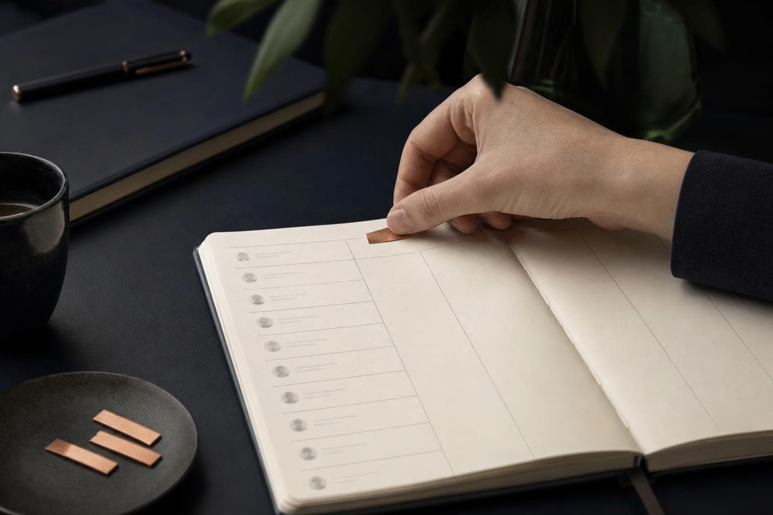 Main plaçant un marque-page cuivré dans une liste de contacts hebdomadaire.